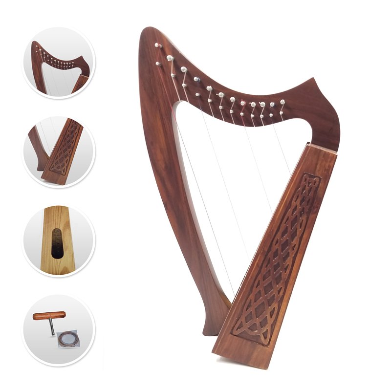 12 Strings Harp Irish Celtic Highland Solid Rosewood Brown natural shape Nylon Lever Tuning Key Extra Set included 18" inches tall Roseback