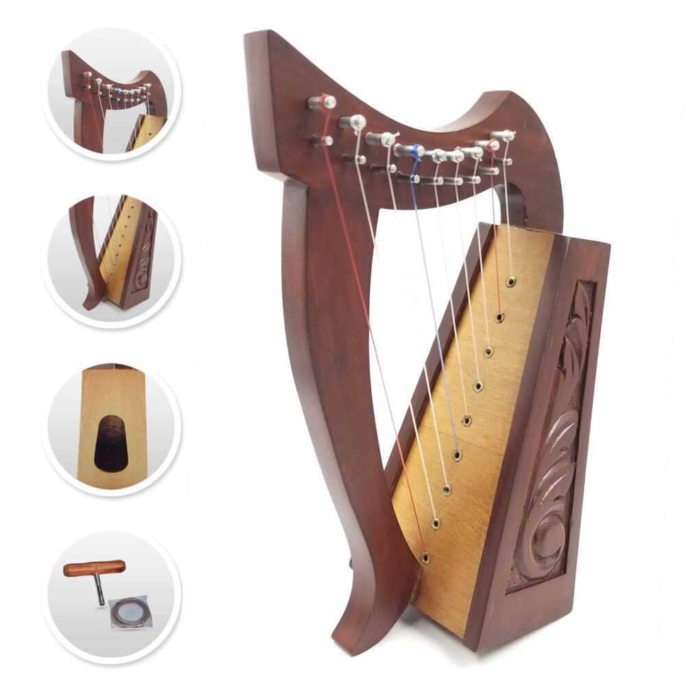 9 Strings nylon Celtic Irish Harp solid Rosewood Natural finish tuning key extra strings set