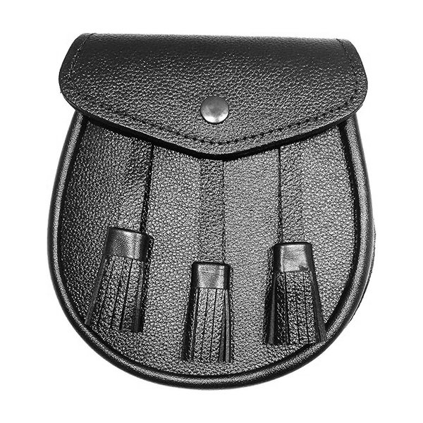 Black/Semi White Unique Dress Sporran with Three Thistle Cantel Crest Kit on flap With Strap Antique Enamel Genuine/Real Cowhide Leather Madded