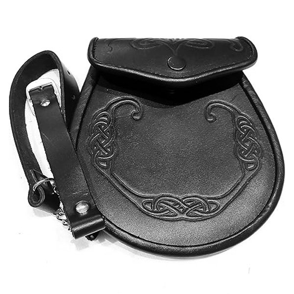 KILT SPORRAN CELTIC KNOT EMBOSSED BLACK LEATHER EDGE KILTS