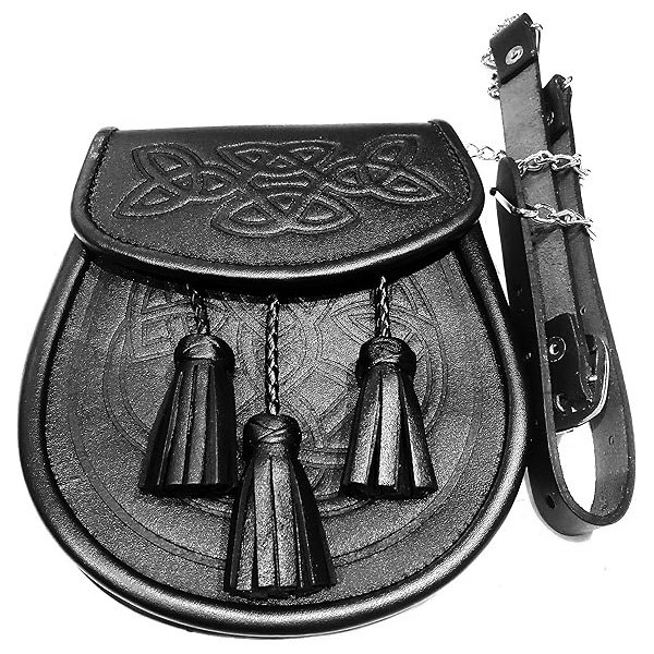 Scottish Full Dress Celtic Embossed Black Leather Sporran highland wear