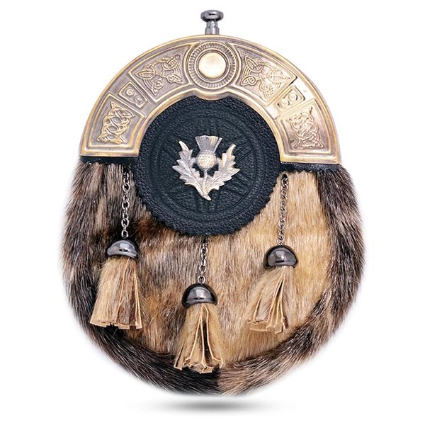Scottish Kilt Sporran Brown Fur Thistle Badge Celtic Cantle Antique Finish