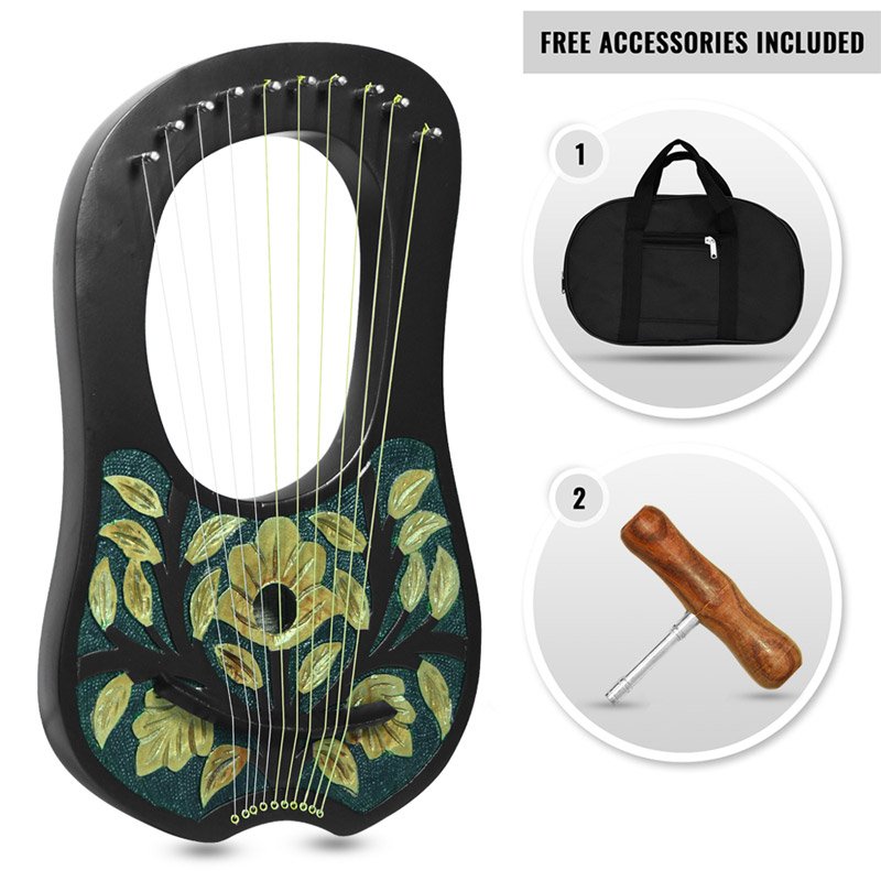 10 Metal Strings lyre harp Engraved Floral Golden/Green Design Black finish tuning key, Carrying bag