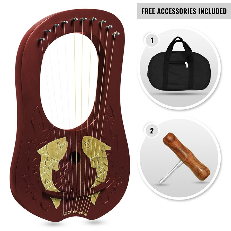 10 Metal Strings lyre harp Engraved Golden Duck Design Brown finish tuning key, Carrying bag