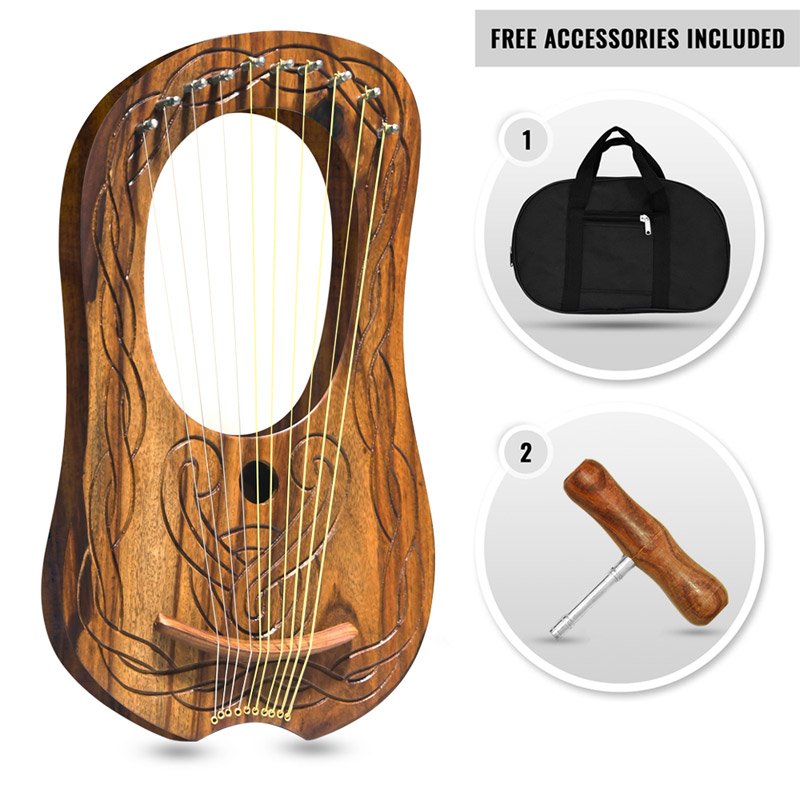 10 Metal Strings lyre harp Engraved Celtic Design Natrual finish tuning key, Carrying bag