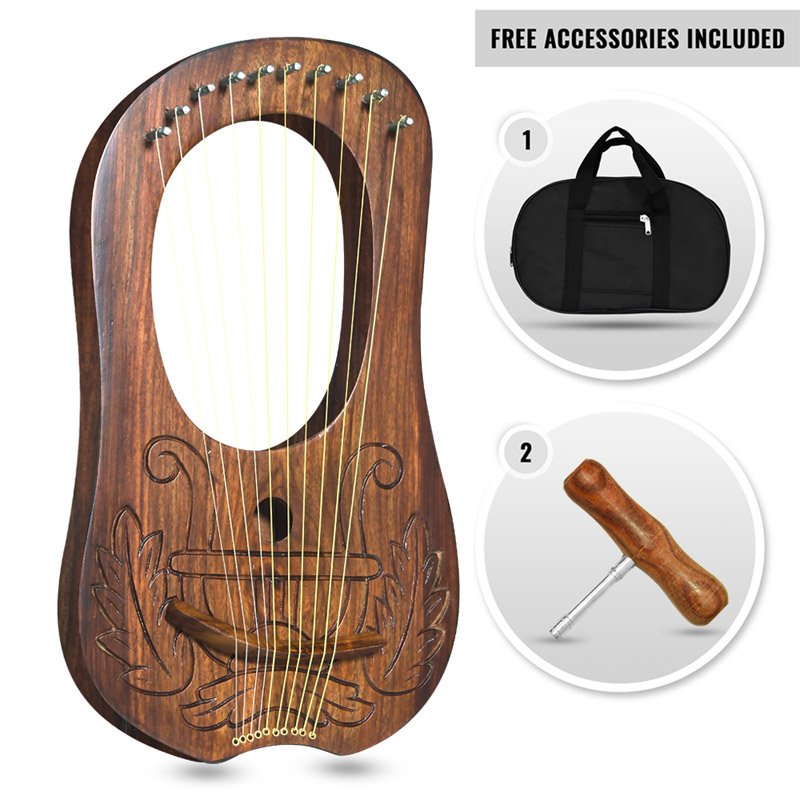 10 Metal Strings lyre harp Engraved Irish harp Design Natrual finish tuning key, Carrying bag