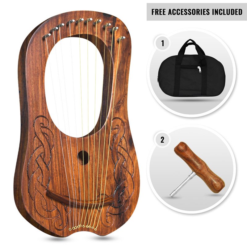10 Metal Strings lyre harp Engraved Celtic Knot Design Natrual finish tuning key, Carrying bag